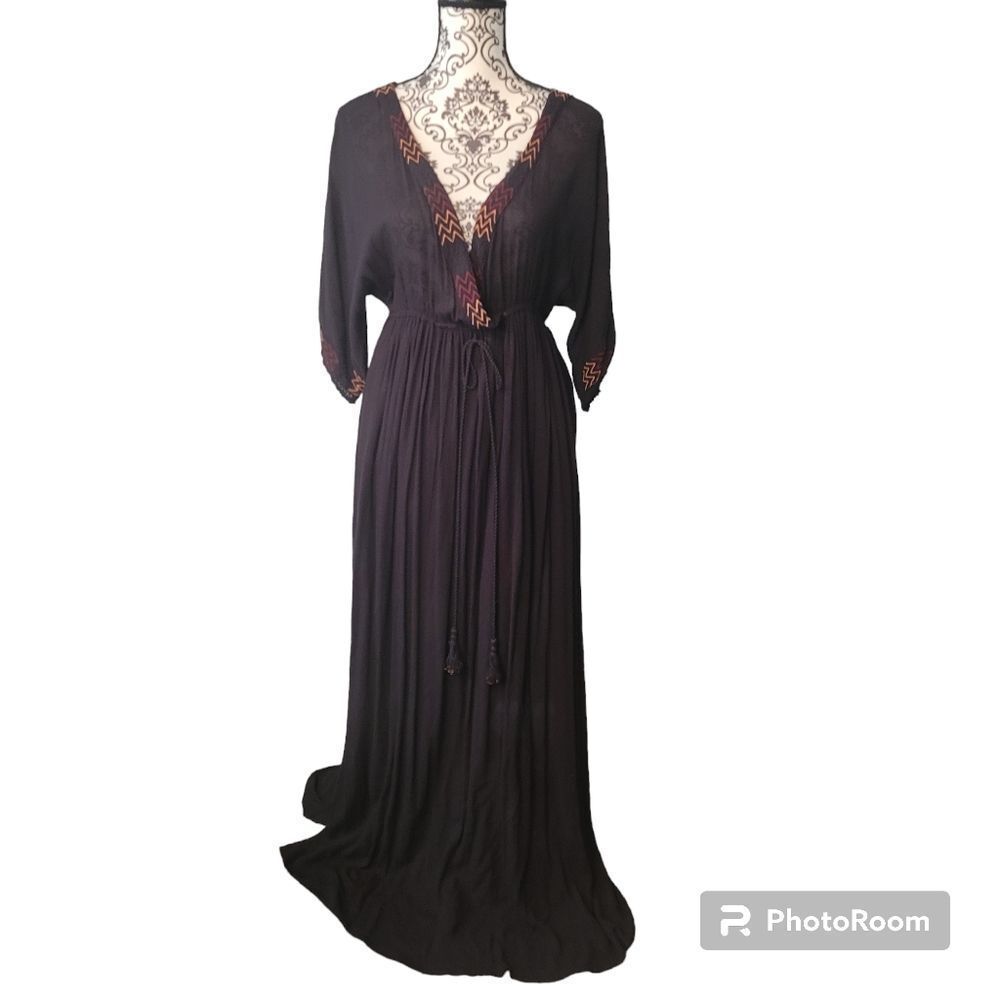 Earthbound Trading Black Embroidered Gauze Maxi Dress S
